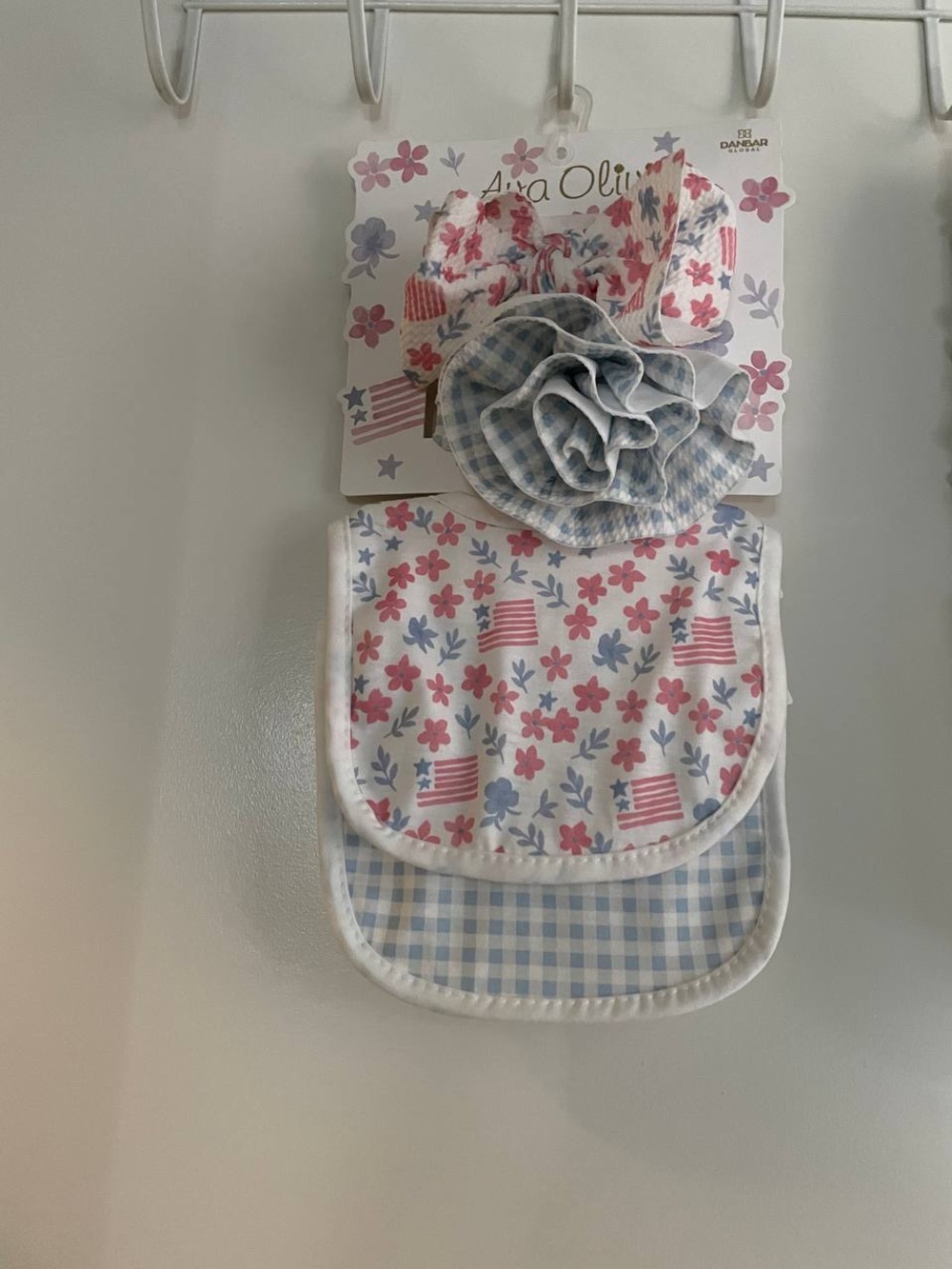 Pink Floral and Blue Gingham Baby Bib Set